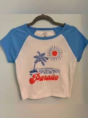 Roxy White & Light Blue 'Paraiso' Short Sleeve Raglan Tee Crop Top